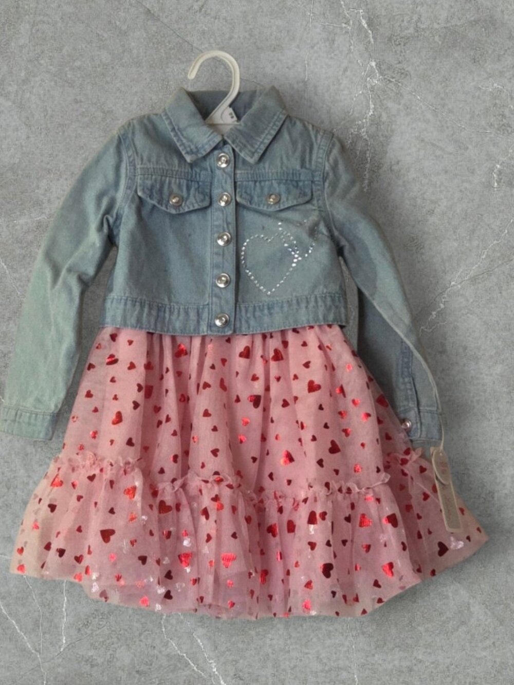 Little Lass 2-Piece Heart Tulle Dress & Denim Jacket Set NWT 3T